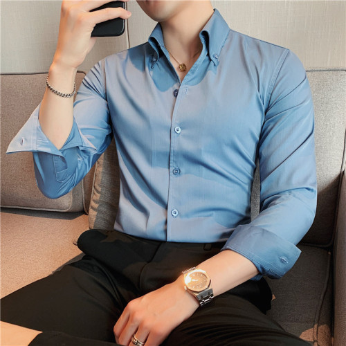 带袖口网红大v领衬衫男长袖潮流帅气修身休闲立领黑色c5112p78