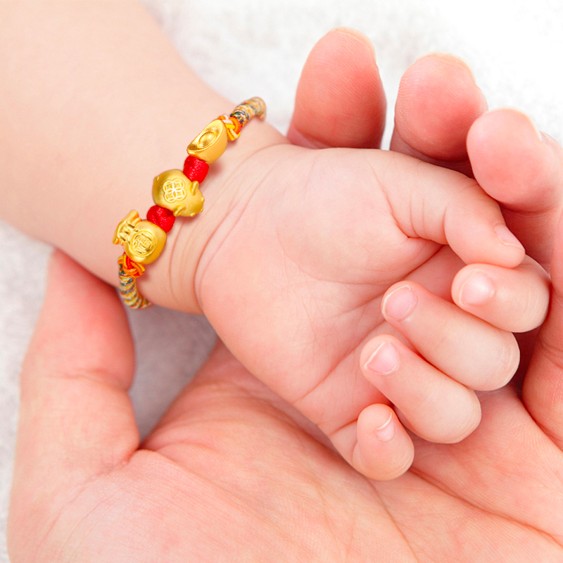 宝宝手链黄金房车转运珠diy红绳手工编织999足金新生婴儿男女款
