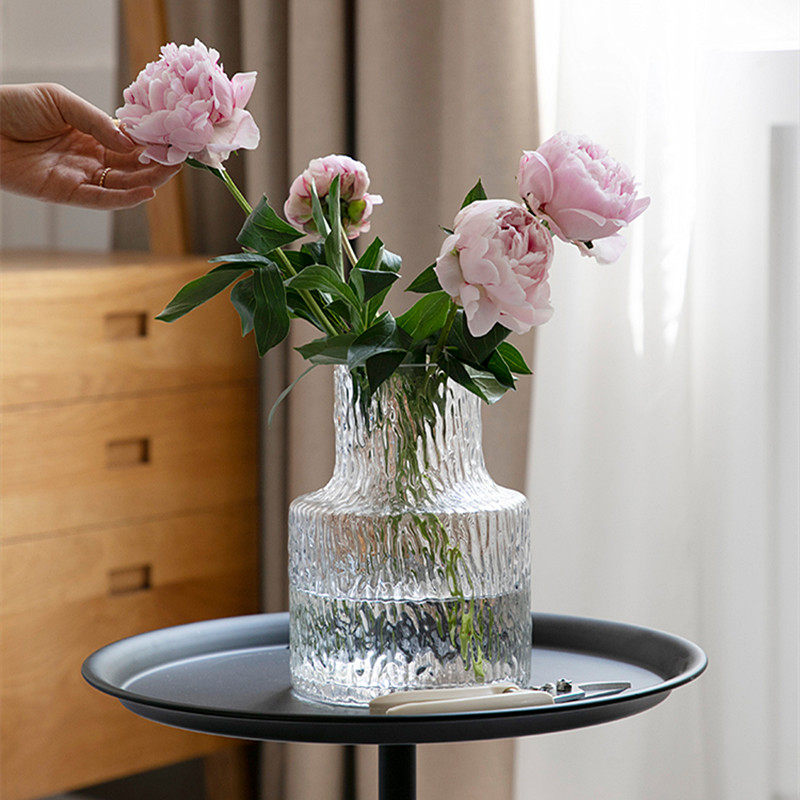 现代简约艺术感冰川花瓶摆件高级感轻奢客厅芍药插花花器透明玻璃