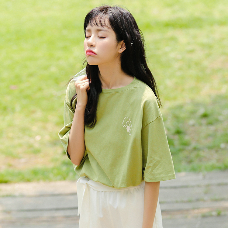 短袖t恤女韩版ins卡通印花芥末绿学生夏装百搭上衣宽松显瘦打底衫