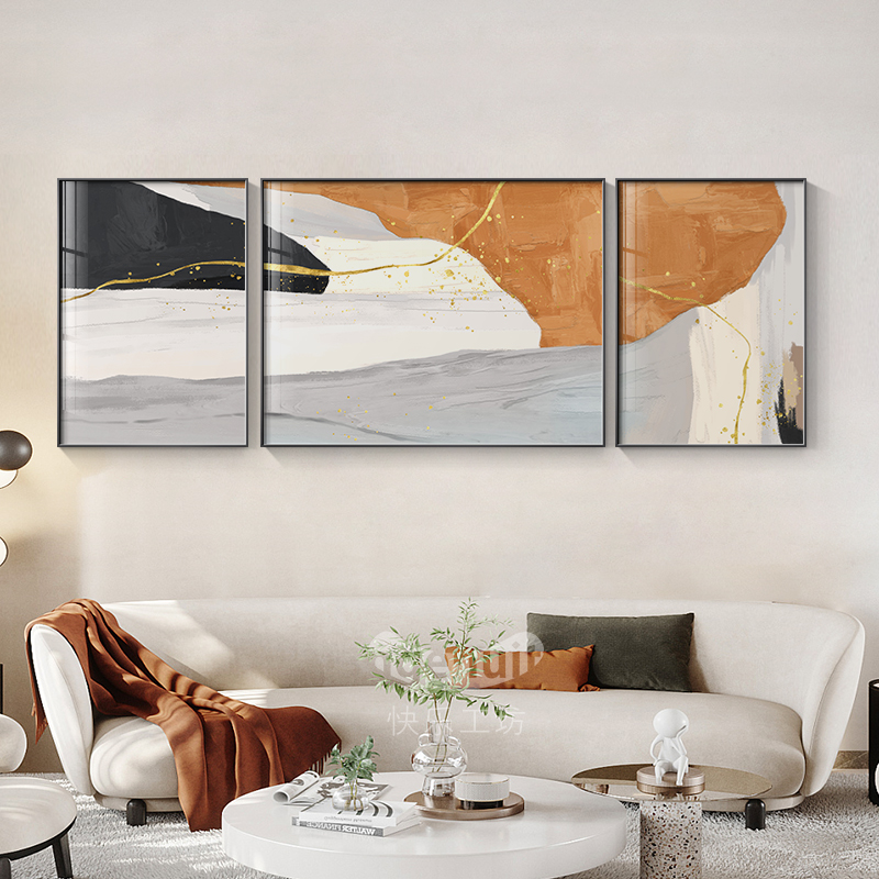 现代轻奢客厅沙发背景墙装饰画极简抽象艺术色块油画简约三联壁画