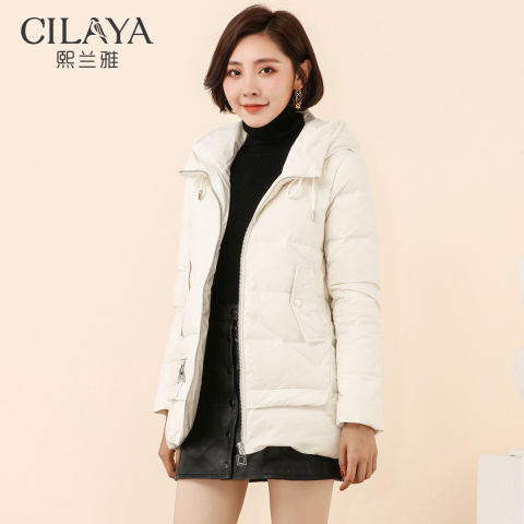 Cilaya/熙兰雅冬装2019新款韩版中长款连帽羽绒服女休闲加厚外套