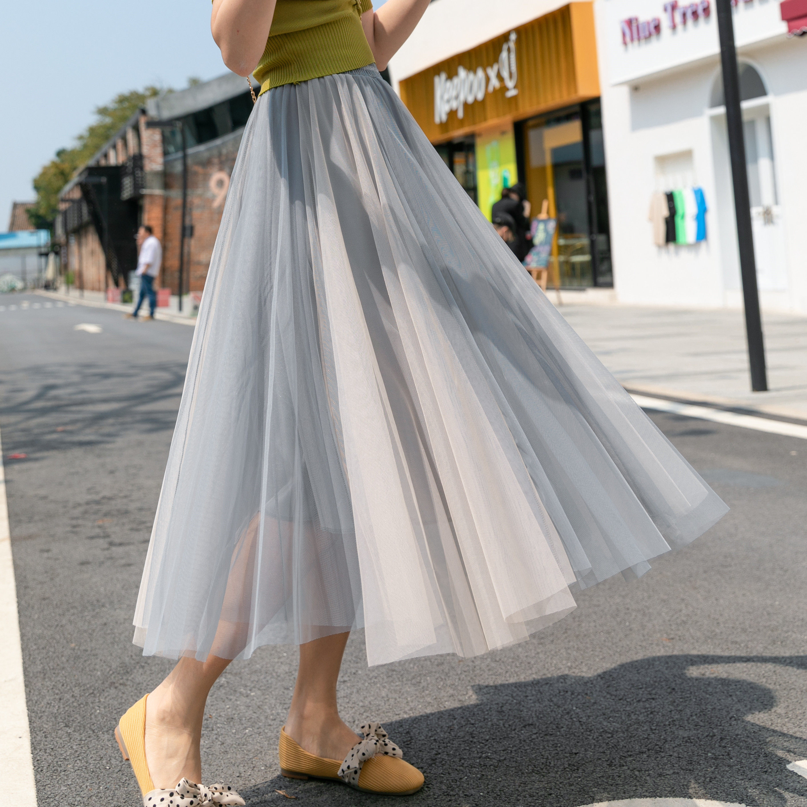 2020年春夏款拼色网纱半身裙高腰ins超火长裙撞色拼接a字纱裙子