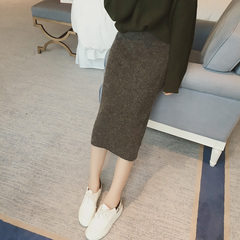 2016秋装韩版新款灰色修身针织包臀半身裙开叉中长裙女 Q10401