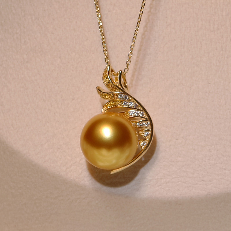 珍珠吊坠项链 锁骨_顺景奢华南洋浓金色珍珠吊坠纯银镀金锁骨链正圆