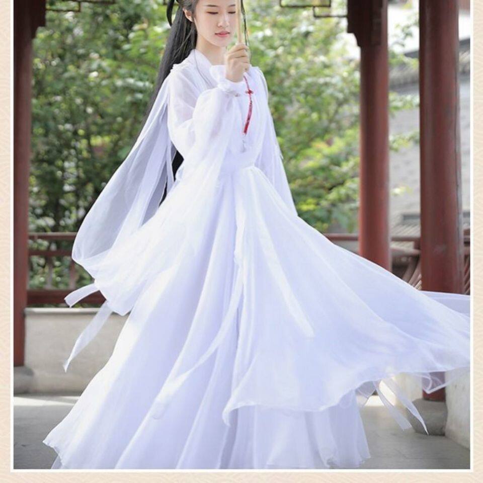 古装服装襦裙薄纱_白娘子鞠婧祎同款芸溪汉服白色超仙飘逸仙女古装