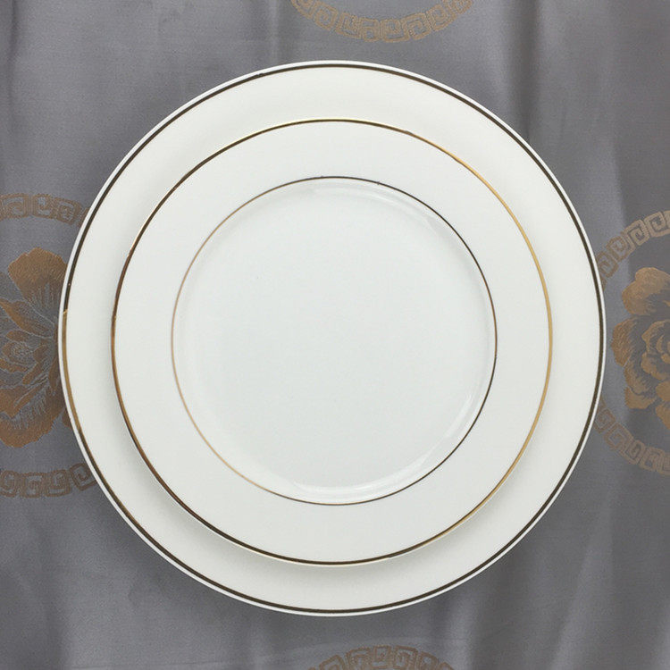 西餐盘套装欧式骨瓷牛排盘子点心盘圆平盘纯白色金边餐具意面餐盘_不