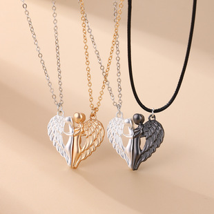 跨境新品拥抱天使的翅膀情侣项链磁铁石爱心合金吊坠情人节礼物