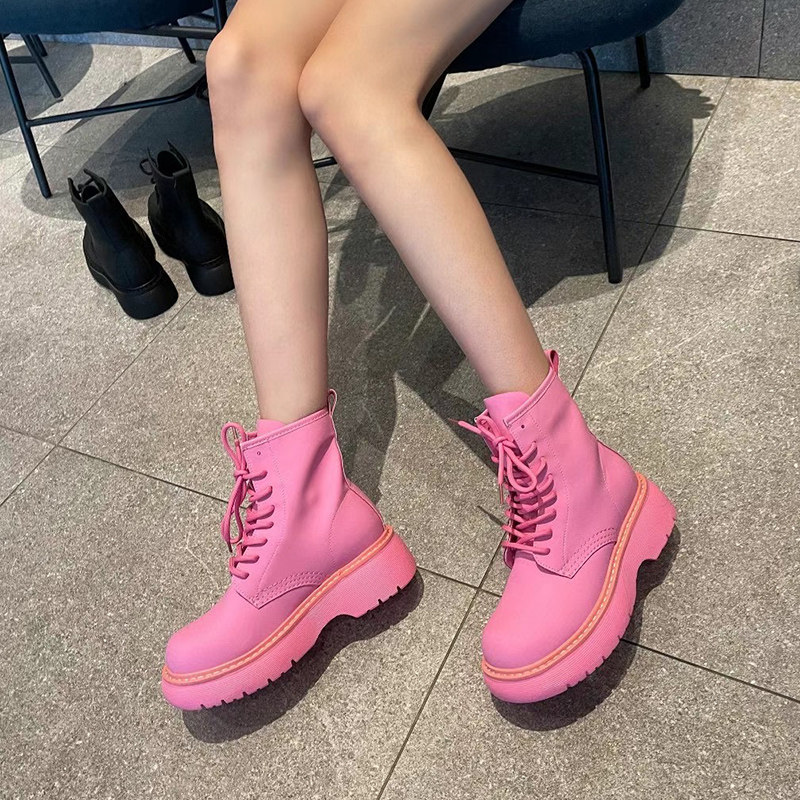 马丁靴女2022新款时尚靴子女英伦风厚底粉色短靴女春秋真皮高帮鞋