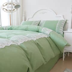 纯棉韩版床上四件套纯色全棉公主风蕾丝花边床单被套1.8/2.0m双人