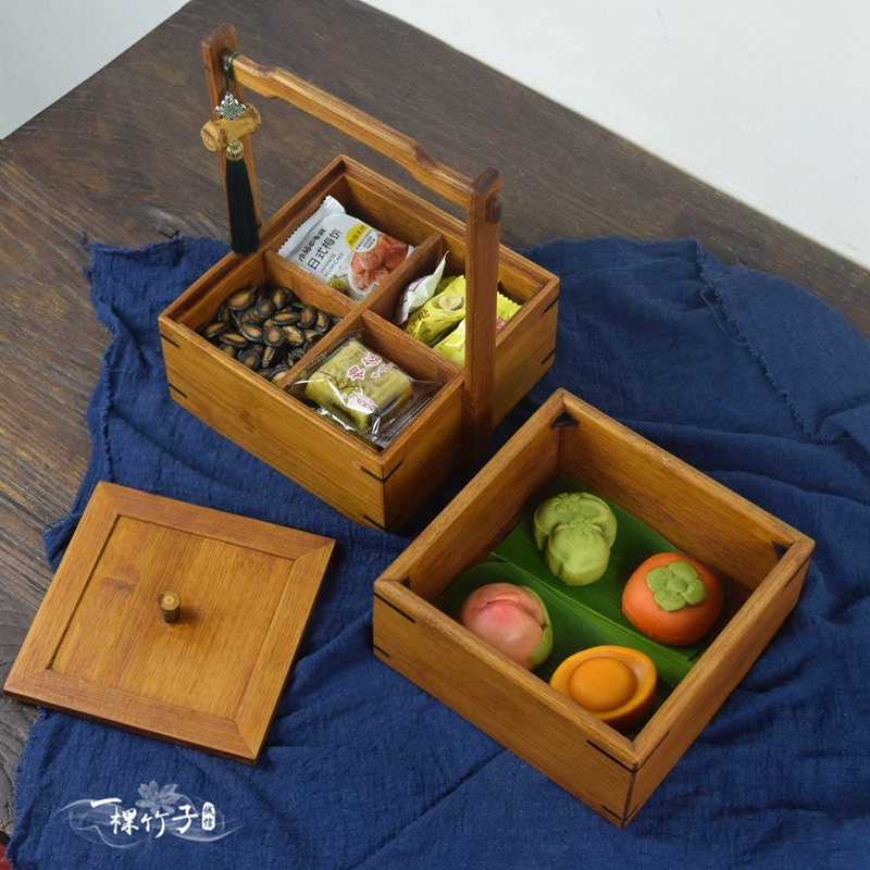 手工竹制中式食盒小手提收纳篮多层分格茶点盘仿古点心盒茶具收纳