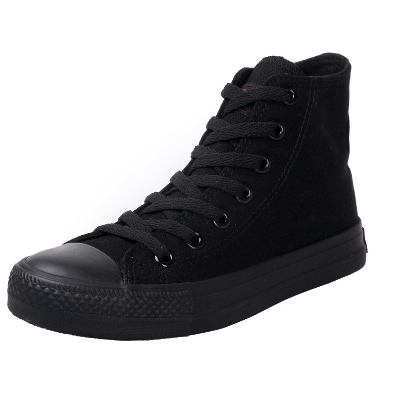 全黑色高帮纯黑色帆布鞋女内增高学生板鞋休闲平底单鞋工作鞋球鞋