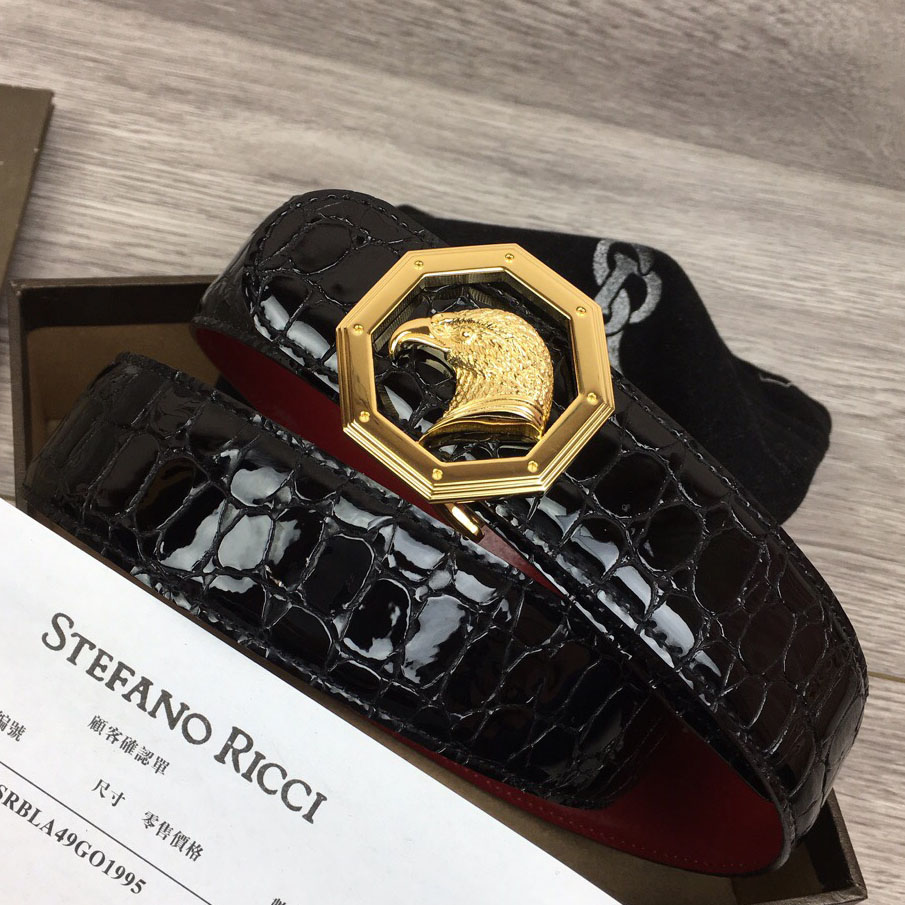 史蒂芬皮带男 新款八角老鹰头男士头层牛皮鳄鱼纹不锈钢扣腰带3.
