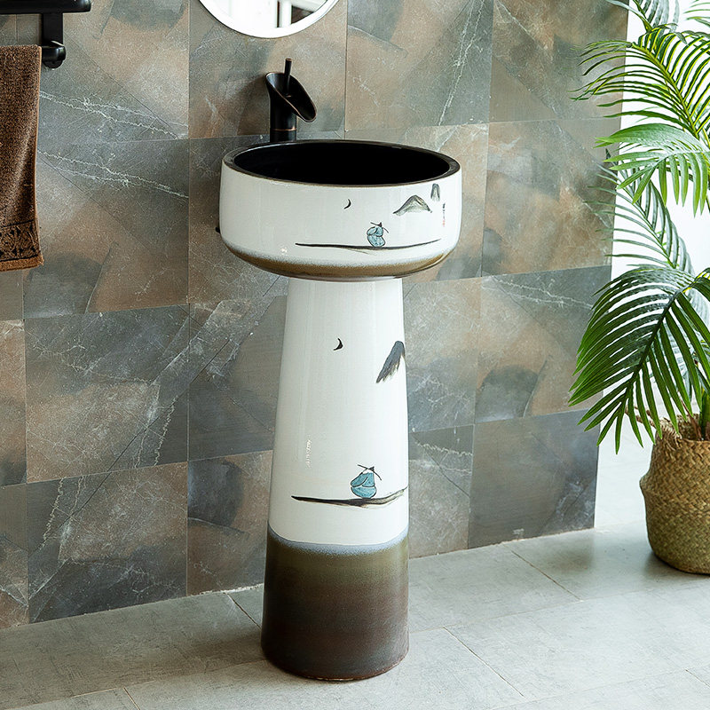 手绘泛舟而下立柱盆一体立式卫生间落地式室外洗手盆陶瓷庭院水池