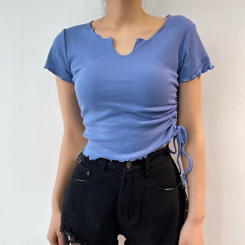 美式学院风小v领侧面抽绳短袖t螺纹紧身短款高腰漏肚脐t恤女潮