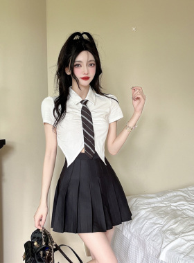 辣妹学院减龄不规则夏季白色短袖衬衫上衣搭配黑色百褶短裙jk套装