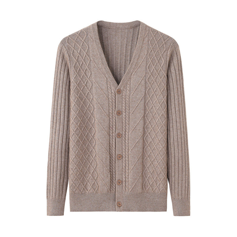 阿绒源羊绒男开衫鄂尔多斯市v领对襟针织衫宽松大码外套爸爸毛衣