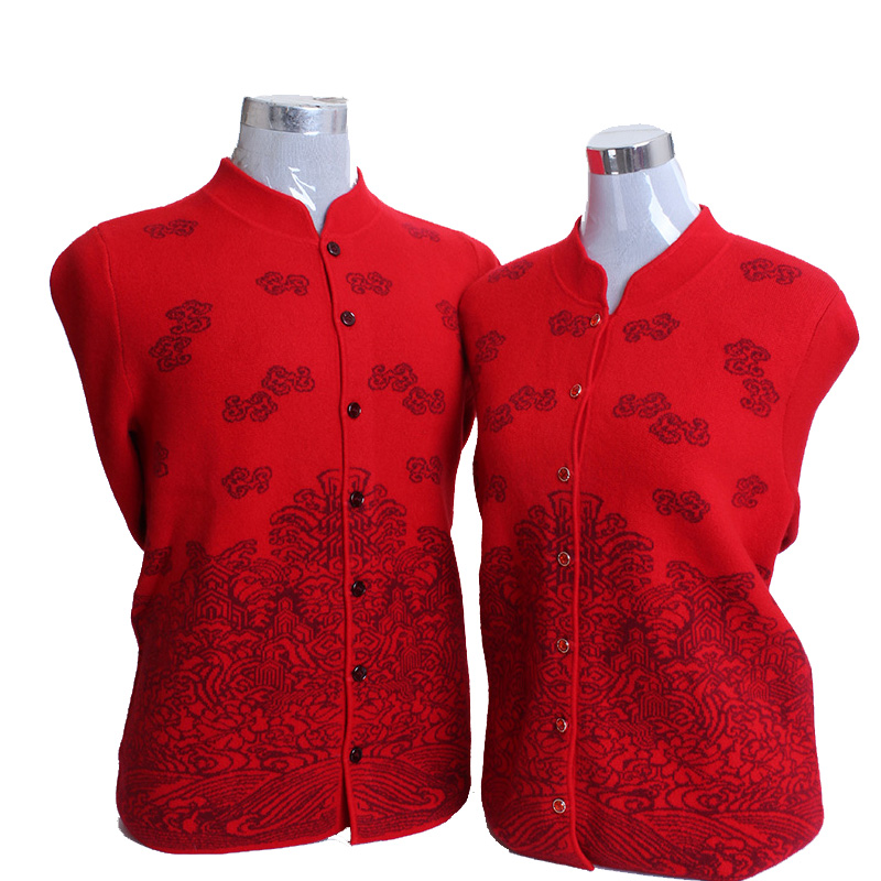 阿绒源鄂尔多斯市产羊绒衫情侣款开衫中式领加厚中老年本命红毛衣