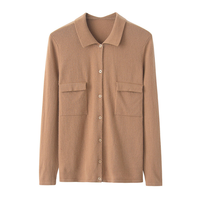 鄂尔多斯产羊绒衬衫女polo领100纯山羊绒开衫气质翻领外套打底衫