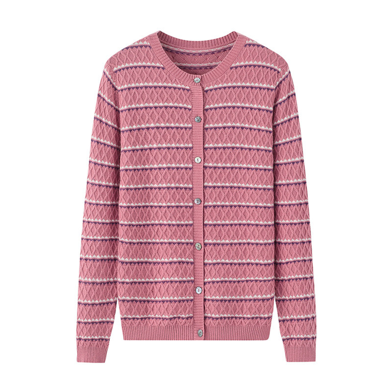 阿绒源山羊绒配色圆领女开衫绞麻花单排扣针织衫宽松外穿休闲毛衣