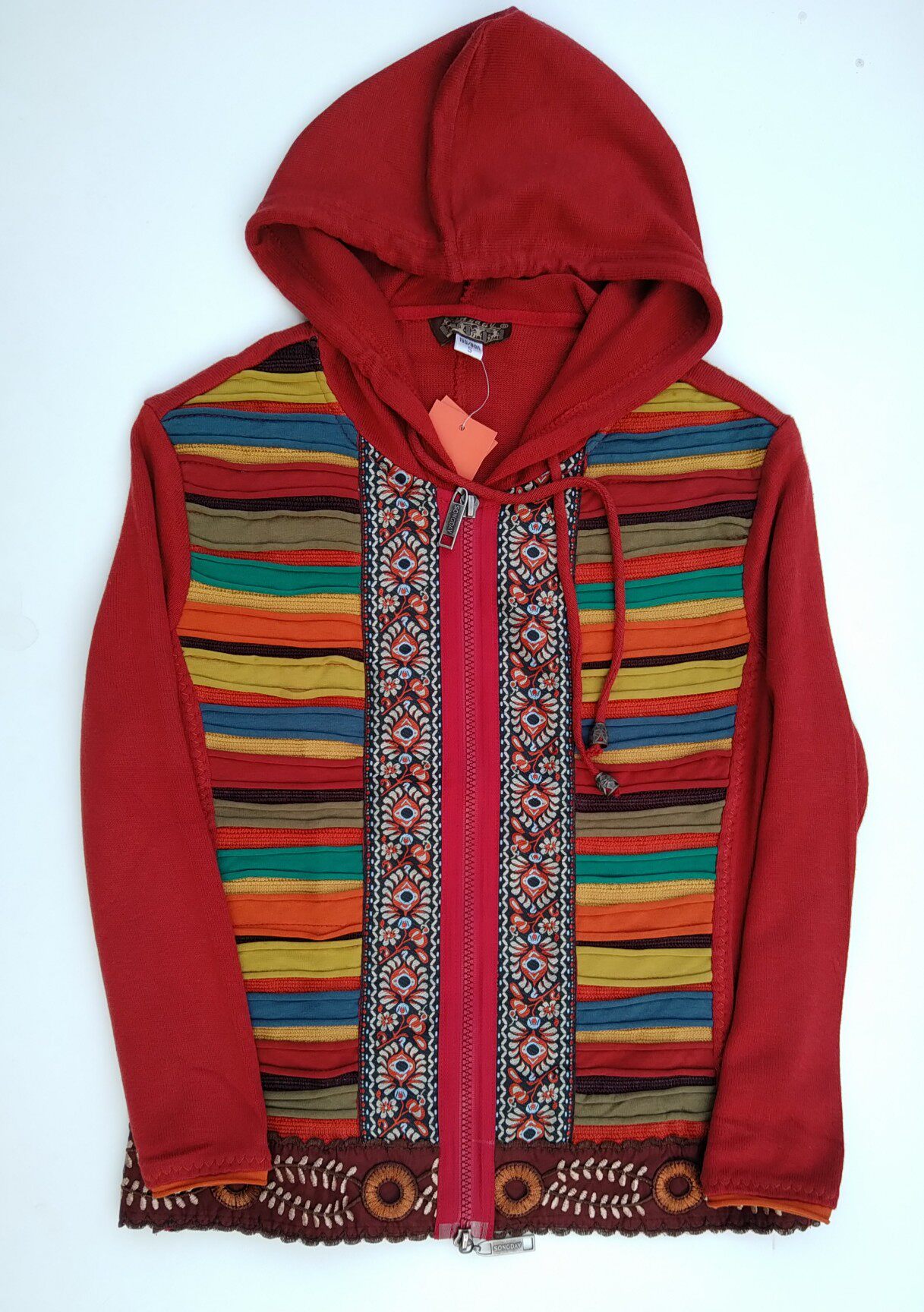 桑迪女装经典复古风甜美秋款民族绣花拼接长袖针织衫外套