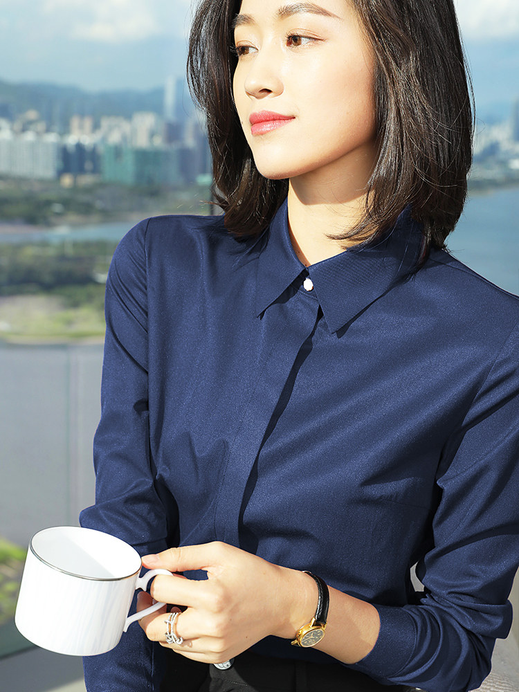 深蓝色衬衫女职业长袖内搭设计感小众深工作服蓝色衬衣女