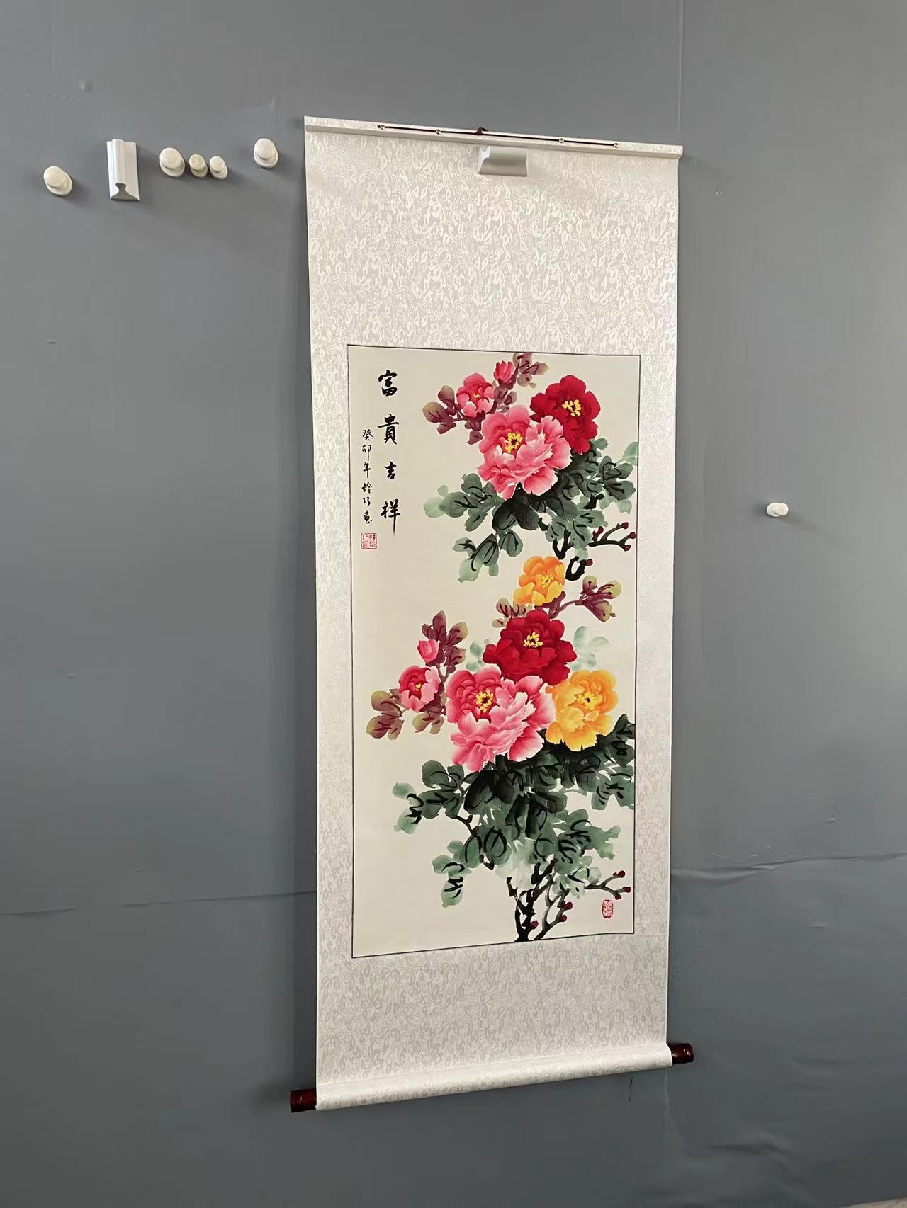 手绘国画牡丹花开富贵中式客厅装饰画过道竖挂画字画卷轴玄关装裱