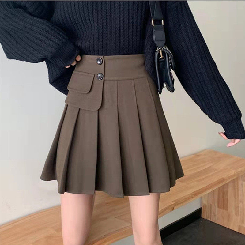 大码百褶裙咖色半身裙女2021春秋韩版高腰胖mm学院风褶皱a字短裙z