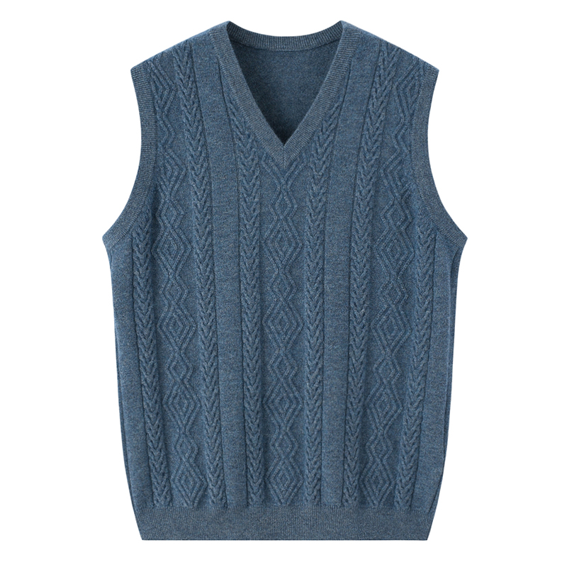 早秋新款100纯山羊绒衫男士v领针织背心绞麻花坎肩无袖青年马夹背