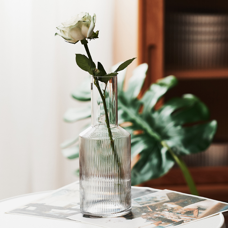北欧现代竖条纹描金口创意玻璃花瓶家居摆件餐桌绿植干花水培花器