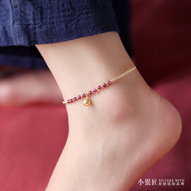 14k包金天然石榴石脚链女夏 手工高级感轻奢转运珠子女士水晶脚绳