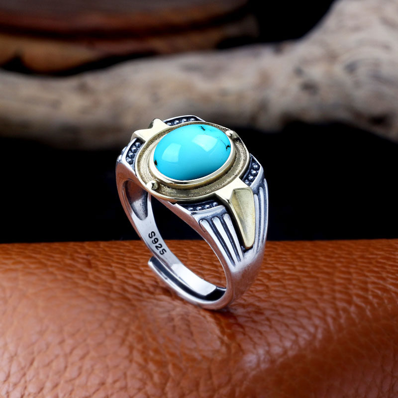 s925纯银男款戒指空托时尚镶嵌绿松石南红戒面开口银饰托810mm