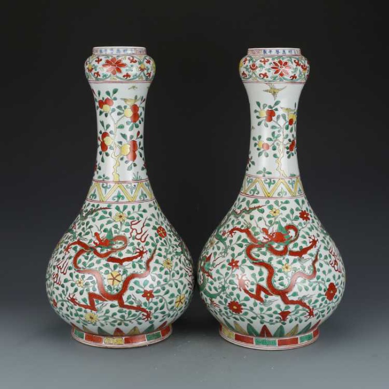 大明万历五彩龙纹蒜头瓶 保真瓷器古董真品包老保真古玩收藏摆件 价格