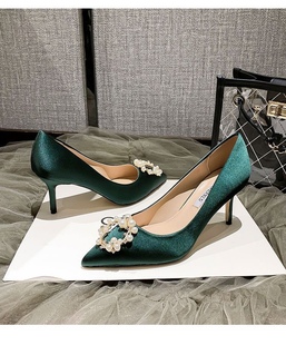 法式珍珠新娘鞋绿色结婚高跟鞋细跟尖头绸缎不累脚婚鞋伴娘鞋大码