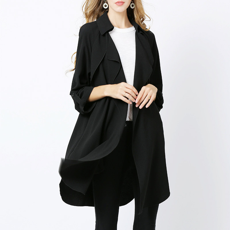 欧美大码黑色女装风衣2022年新款春秋中长欧货爆款薄外套高端胖mm