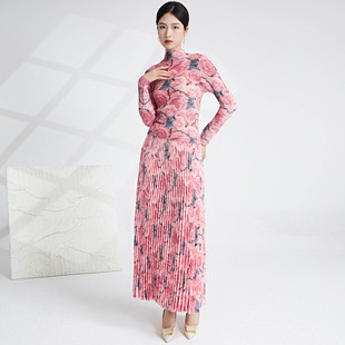 PY褶皱时尚两件套粉色玫瑰图案印花设计感修身显瘦上衣半身裙套装