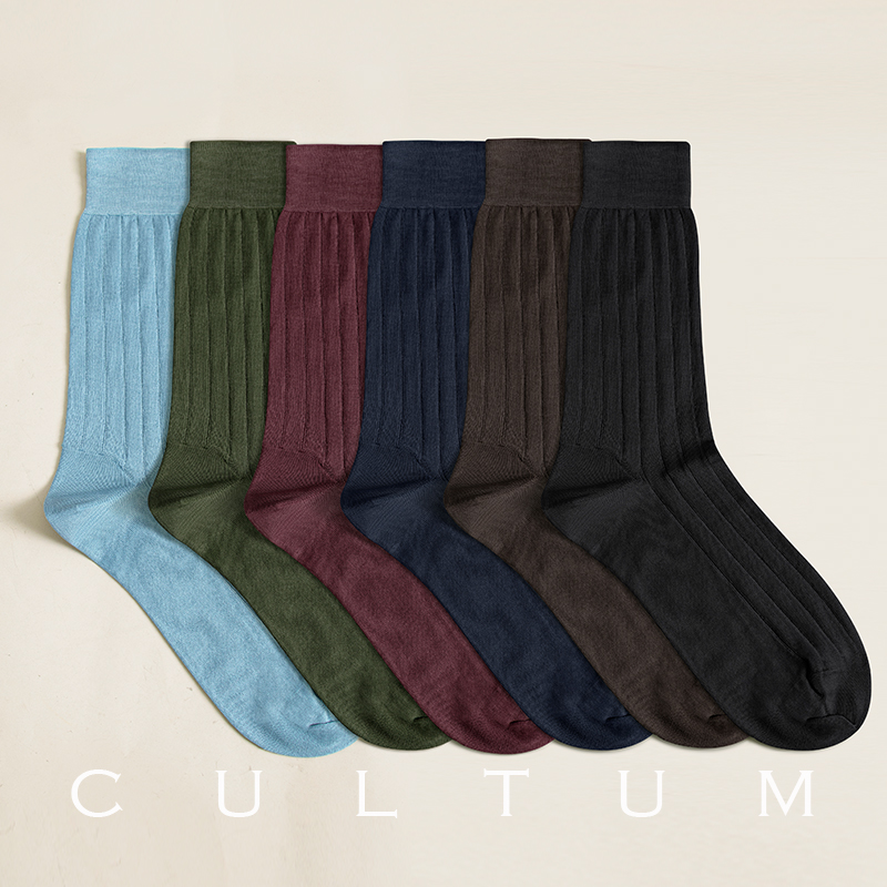 CULTUM男士春夏季商务正装防臭薄款80支丝光棉袜子坑条纹中筒长袜