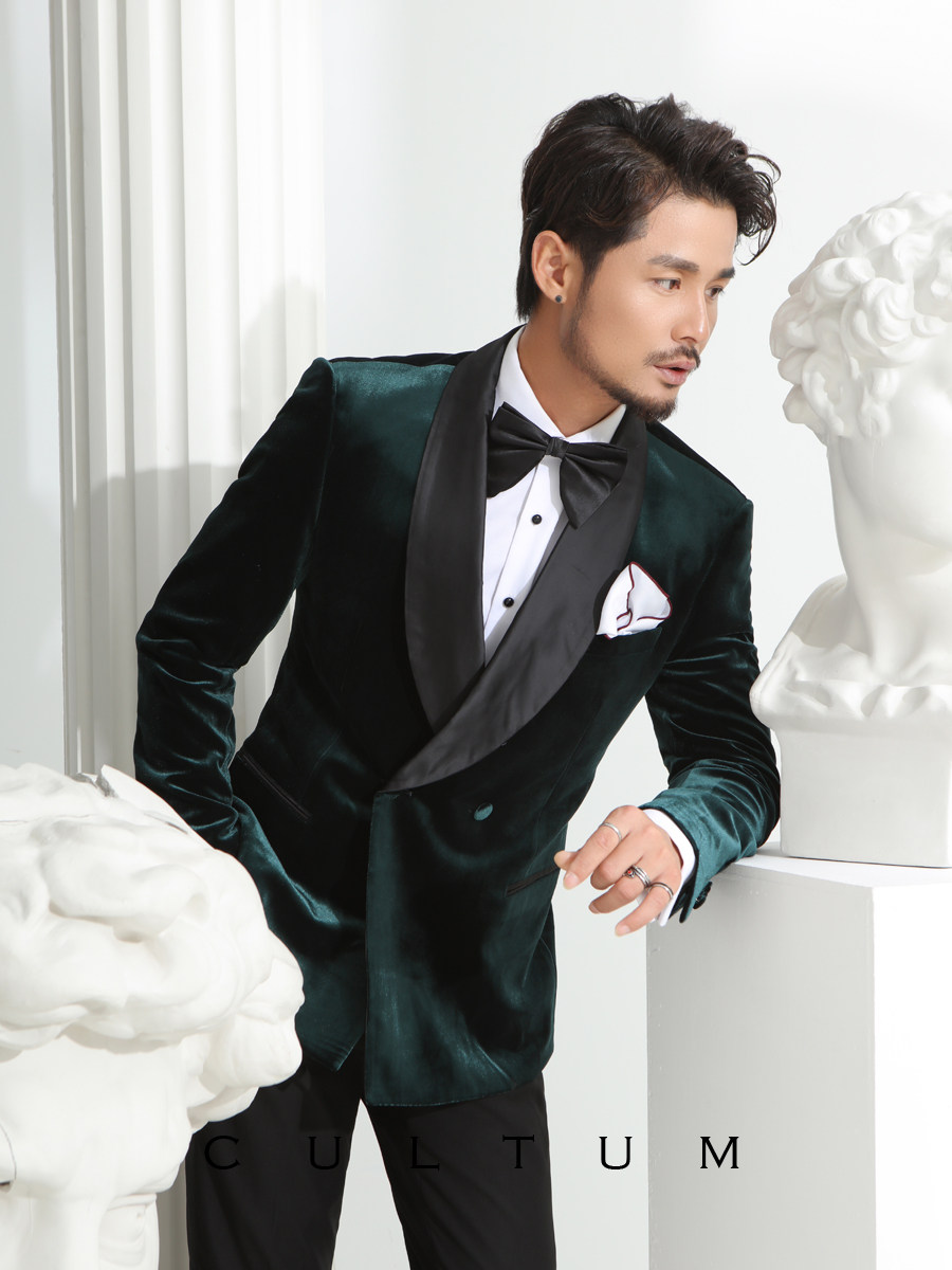 高定婚礼宴会丝绒青果领西服青年修身西装天鹅绒礼服单西男