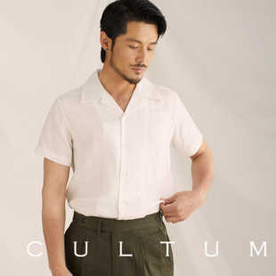 CULTUM100%亚麻绅士复古大古巴领衬衫男短袖夏季宽松休闲坠感衬衣