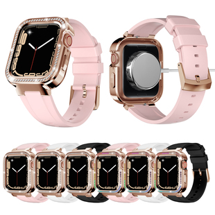 适用苹果iwatch s8金属保护壳手表带女闪钻改装AppleWatch表带iWatch 4 5 6 7 8代不锈钢SE表壳一体款40/41mm