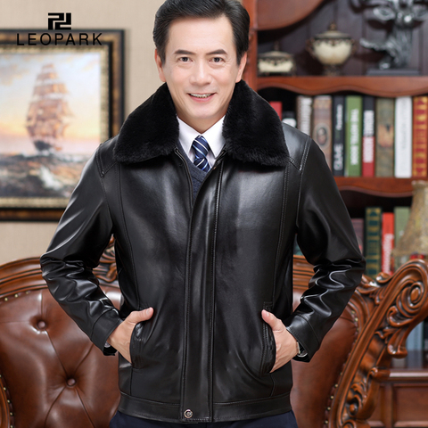中年男士皮衣秋冬季爸爸冬装男装外套休闲中老年人加绒加厚皮夹克