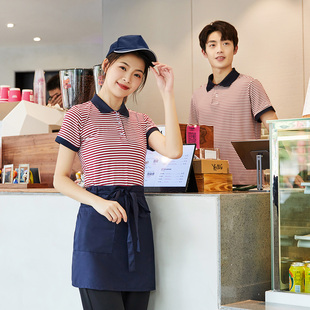 蛋糕店工作服女烘焙师面包店员快餐饮奶茶店服务员短袖条纹T恤半