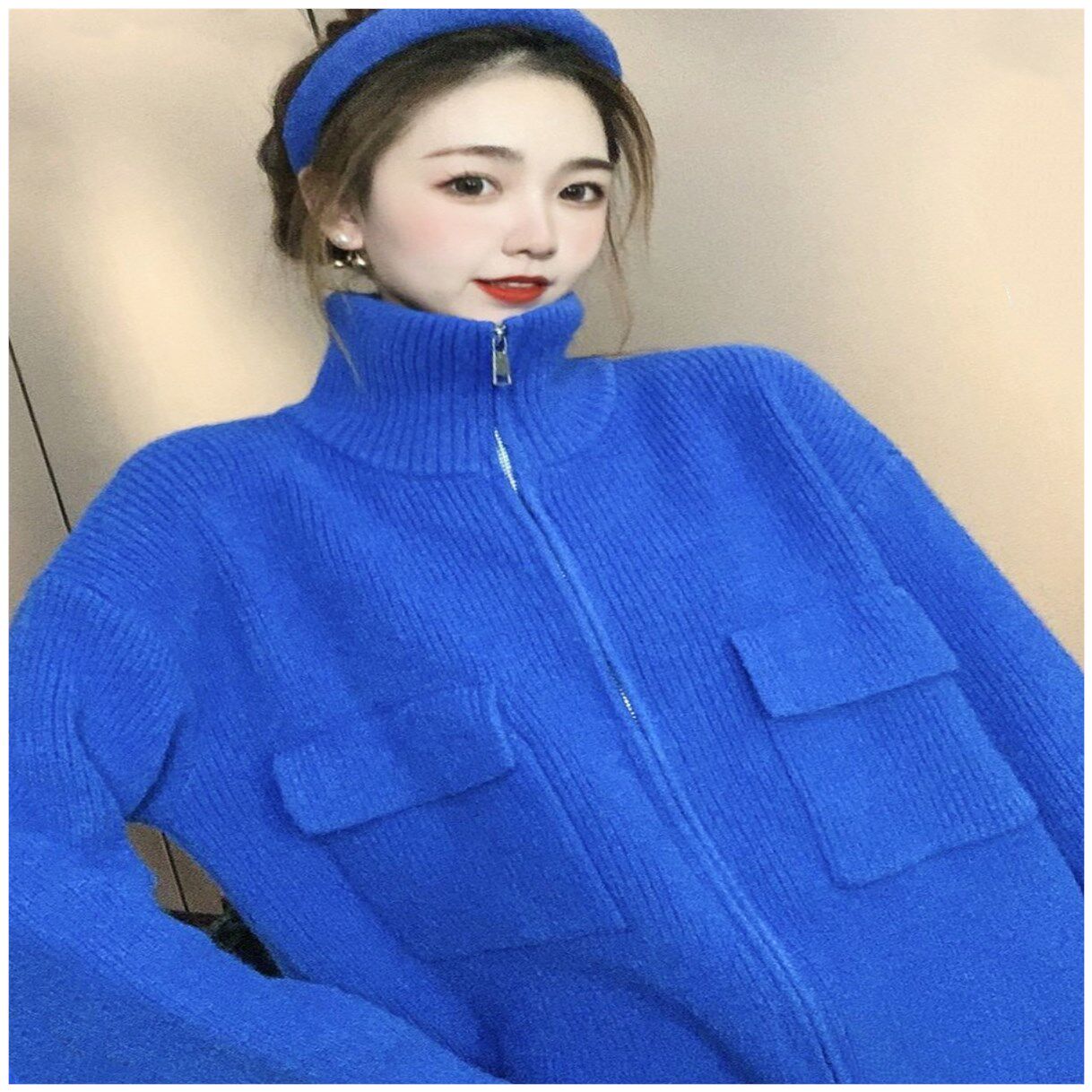 高领拉链克莱因蓝圣诞毛衣女秋冬外套设计感小众别致针织开衫上衣