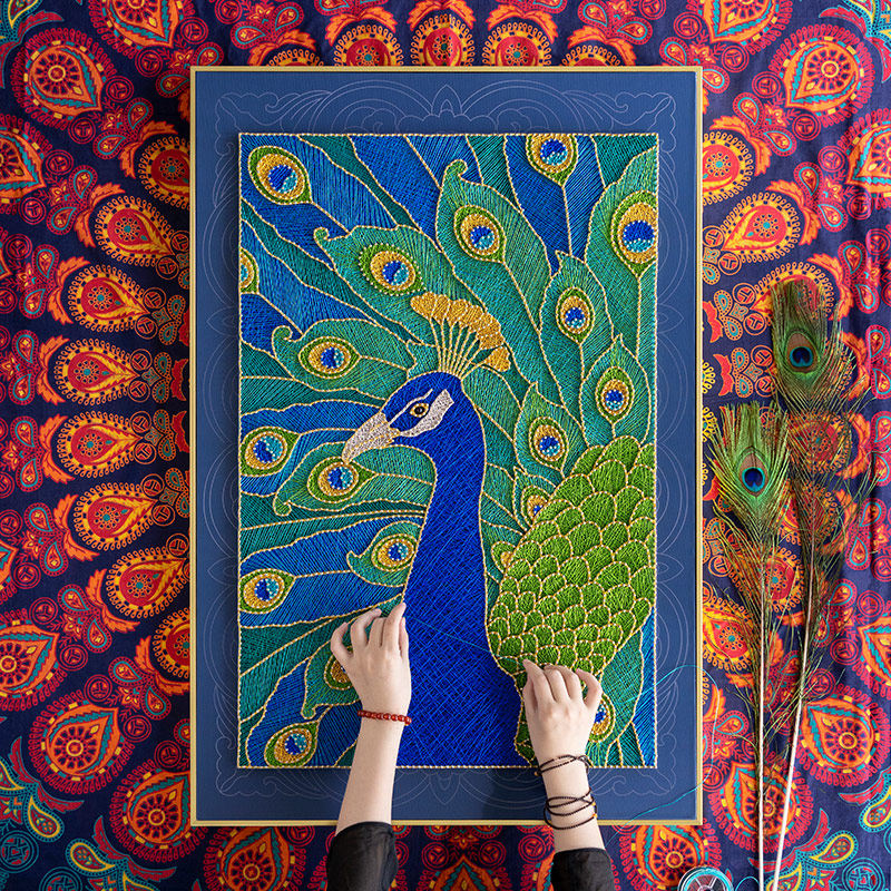 墙蛙中式手工diy绕线制作钉子画吉祥鸟孔雀弦丝画送朋友寓意礼物