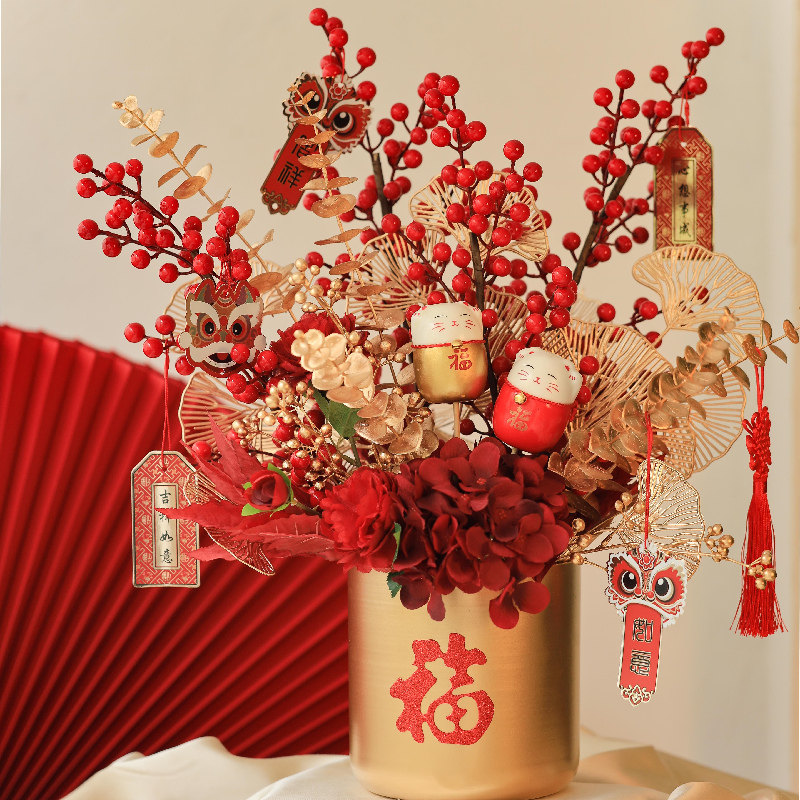 热销冬青花束_红果发财果仿真花冬青干花花束客厅摆设春节装饰花过年