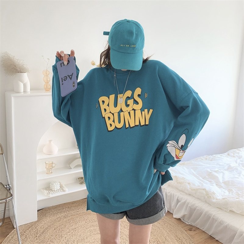 2021秋季韩版字母印花圆领插肩袖卫衣休闲宽松中长款下衣失踪上衣