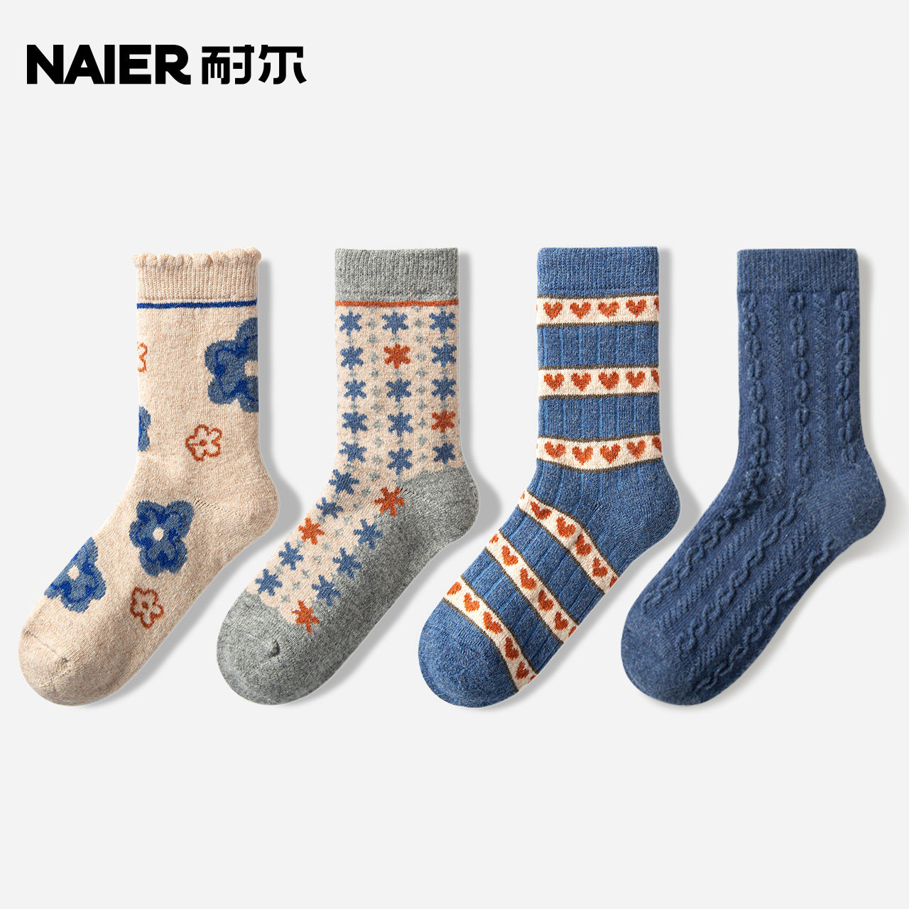 耐尔羊毛袜子女冬季撞色保暖毛圈毛巾袜加厚复古提花条纹中筒袜潮