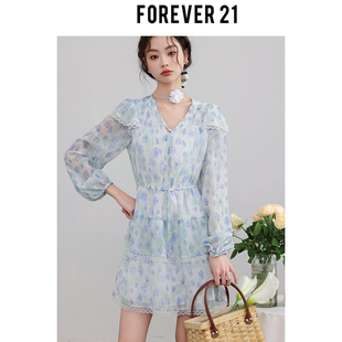 Forever 21【如画春天】蓝色碎花连衣裙女2024春季新款法式v领a字