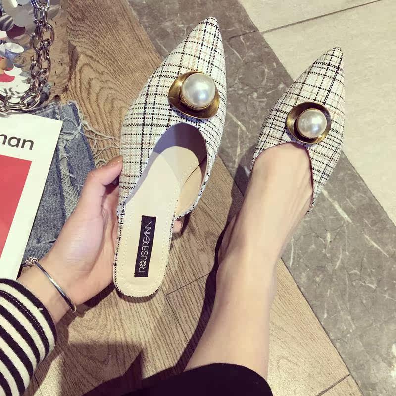 2018春季新款韩版百搭时尚外穿格纹布面包头半拖鞋女平底凉拖鞋子