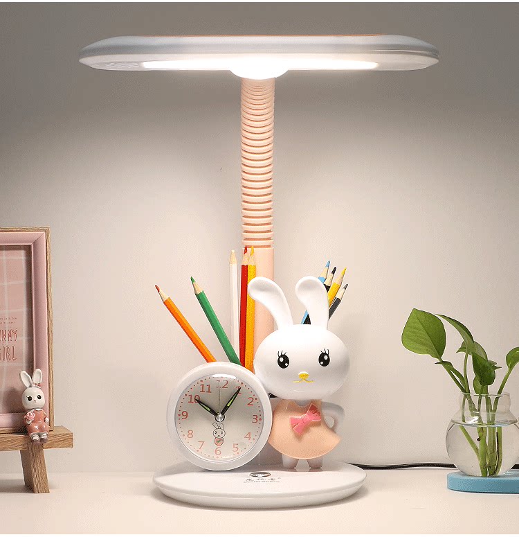 儿童台灯护眼书桌保视力多功能学生卡通公主床头灯粉色带闹钟笔筒